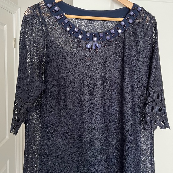 Beaded Navy Blue Lace Dress with Slip (included) - Size 16 - Picture 3 of 7